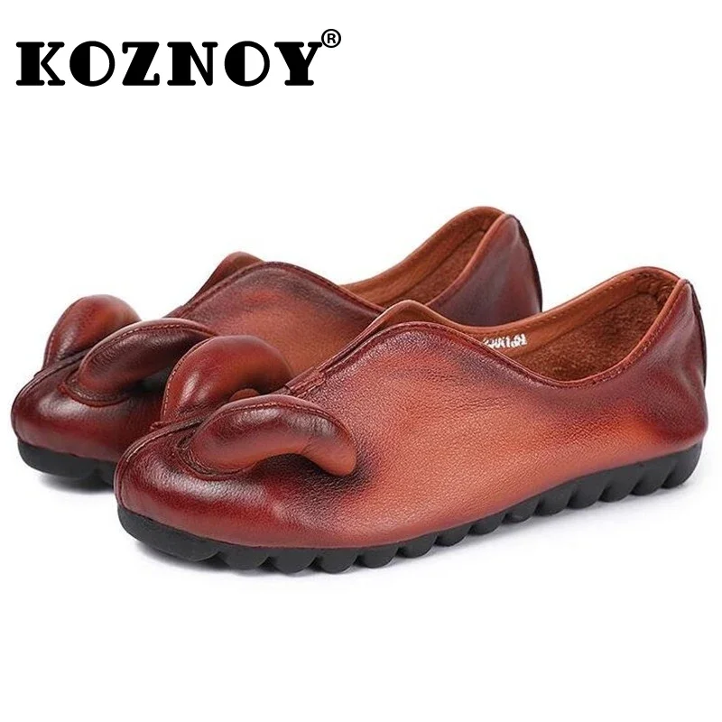 Koznoy 2cm Retro Cow Genuine Leather Goat Horn Ethnic Spring Autumn Shallow Women Summer Leisure Slip on Flats Fashion Shoes