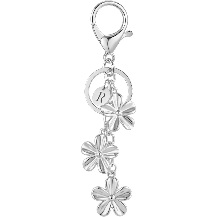 

XGALBLA Gold Silver Initial Keychain Flower Charms for Key Cute Letter Keyring for Purse Handbag Backpack