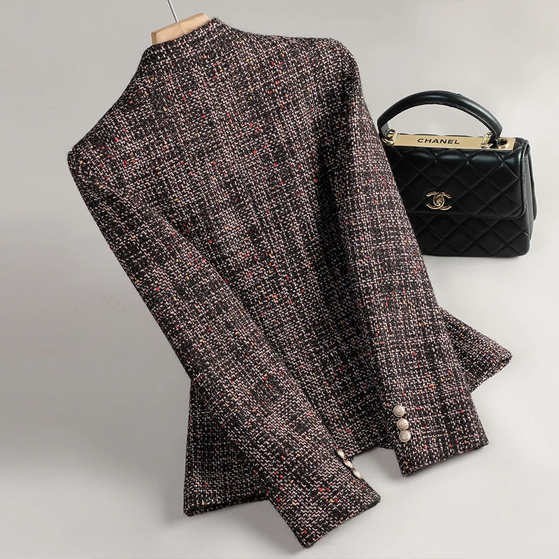 여성용 레트로 다크 브라운 격자 무늬 V넥 긴팔 모직 블레이저 코트, 빈티지 우아한 싱글 단추 상의, 한국 패션, 가을 겨울