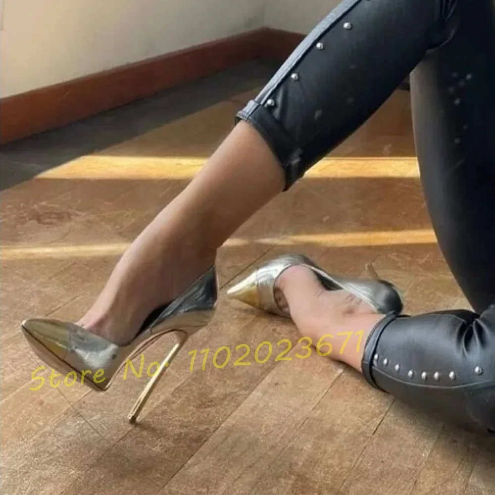 Gold Pointy Toe Patent Pumps Sexy Women Splicing Shiny Metal High Heels Luxury Summer Shoes 2022 Novelty Design For Female Pumps
