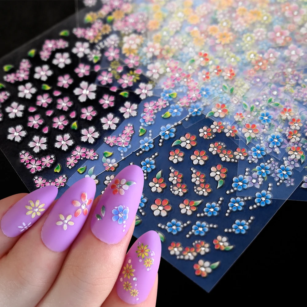 24pcs Floral Nail Art Stickers Set Colorful Daisy Flower Dragonfly Design Decals 3D Self-Adhesive Shiny Nail Art DIY Accessories