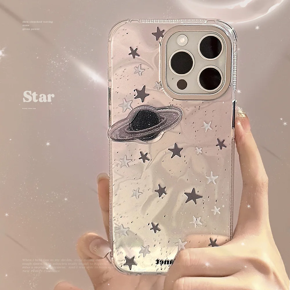 Creative INS Ripple Texture 3D Saturn Stars Galaxy Fashion Phone Case for iPhone 15 14 13 Pro Max Back Cover for 12 Pro Funda