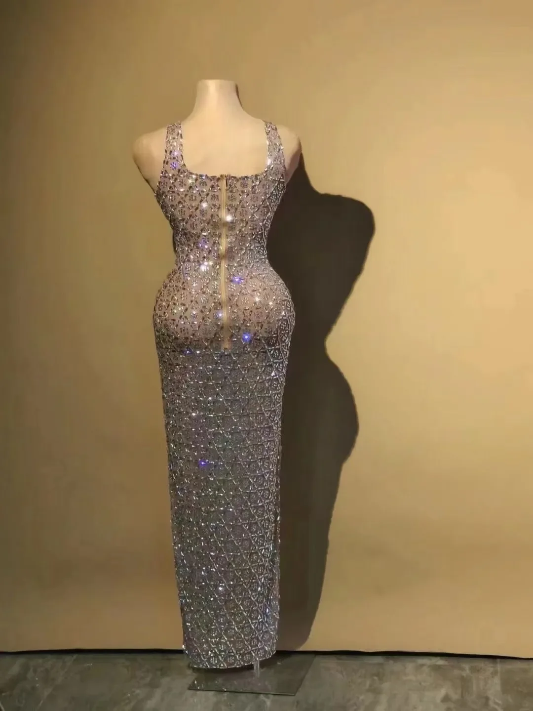 Vestido de malla transparente marrón con diamantes de imitación plateados, celebración de cumpleaños de noche para traje elástico, vestido de actuación de baile de escenario Sexy