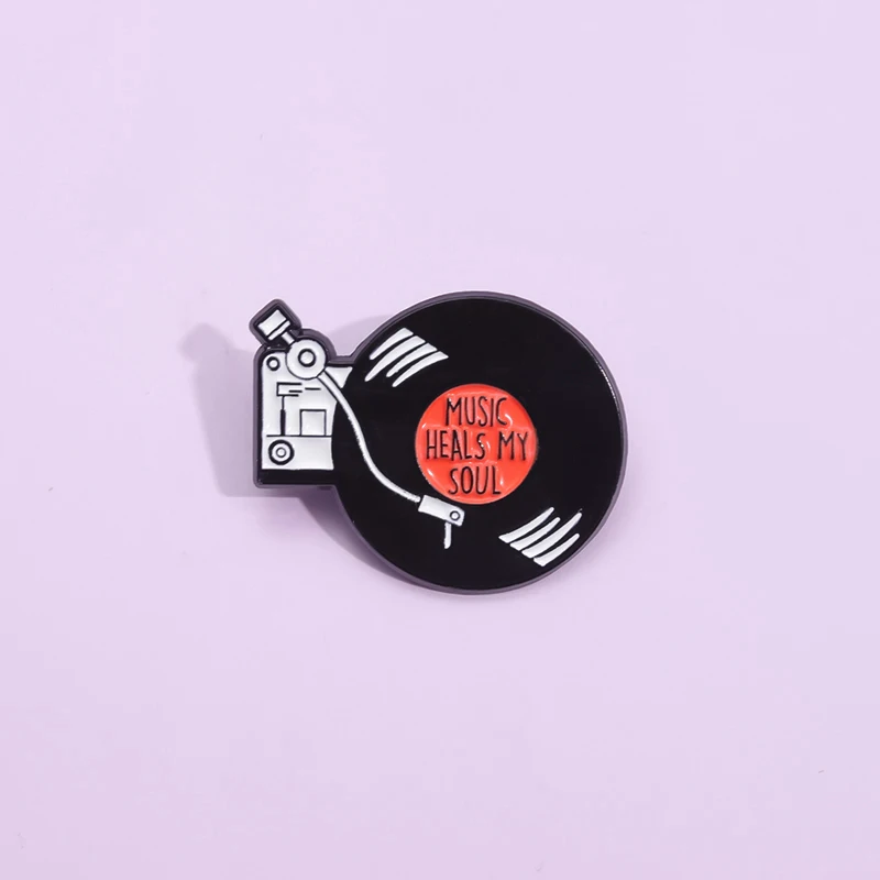 Retro Vinyl Record Player Enamel Pins 80’s Vintage Video Brooches Jewelry Heals My Soul Music Lapel Badge Gift for Music Lover