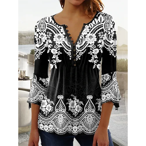 Imagen 1 del producto Camiseta con botones para mujer, ropa holgada y cómoda con cuello en V, camisa de verano con estampado 3D, Top de manga de siete cuartos