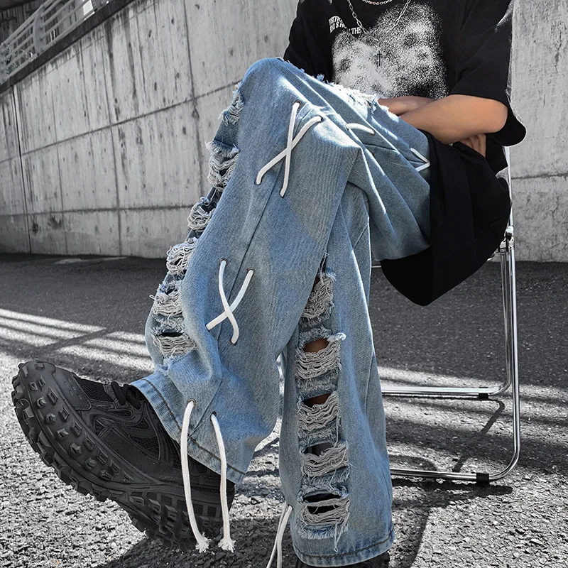 Men's Vibe Style Destroyed Jeans Side Rope Braided Pants Fashion High Street Ripped Hip Hop Denim Trousers Loose Casual