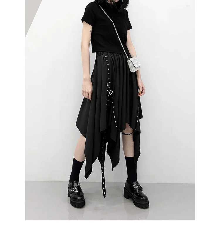 Long Skirt Irregular Skirt Girl\'s New Dark Tie Street Punk Wind Weave Buckle Medium-length Y2k Gothic Skirt