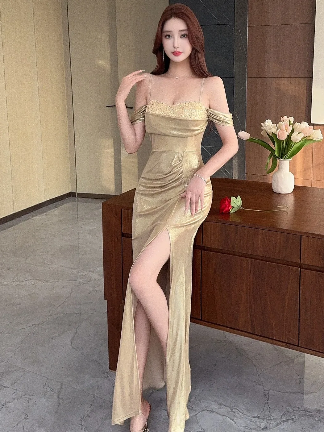 

Ele Sexy One-oulder Gown High-Waisted Long Dr Wrap Chest Drinking Dr Evening Gown for Women Parwear
