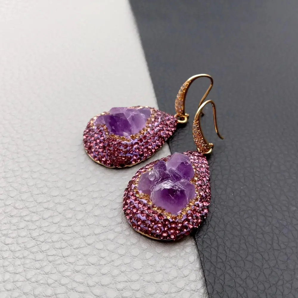 

KKGEM Crystal Pave Natural Amethyst Rough Raw Dangle Drop Earrings