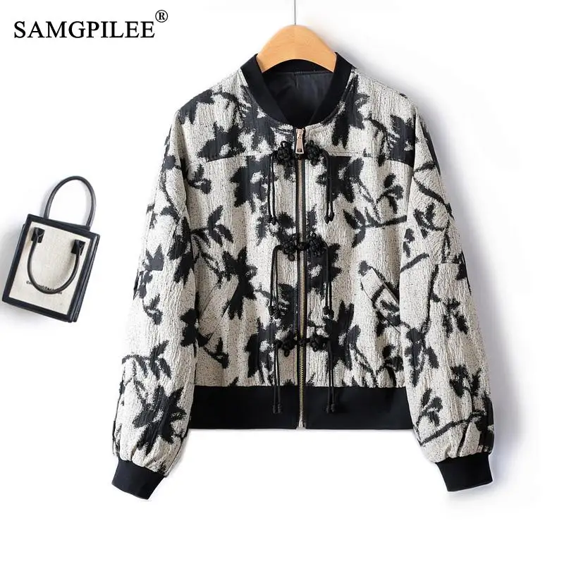 

New Chinese Style Flower Ink Painting Full Sleeve Baseball Loose Korean Fashion Statue Outer 2023 Autumn Jackets For Women 4XL