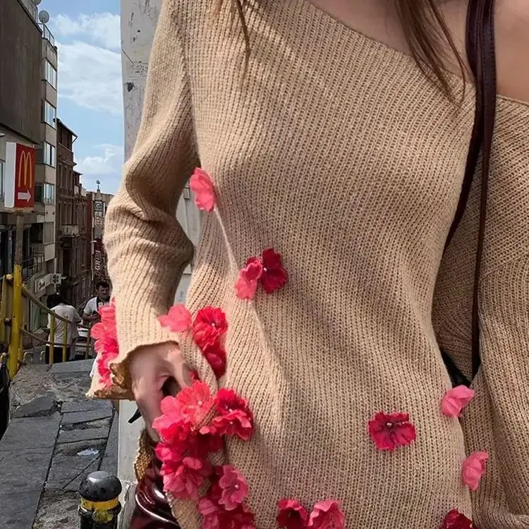 Women Knitted Pullover Floral Sweater Long Bell Sleeves Shoulderless Loose Feminine Women Knitted Sweater 2024 Autumn