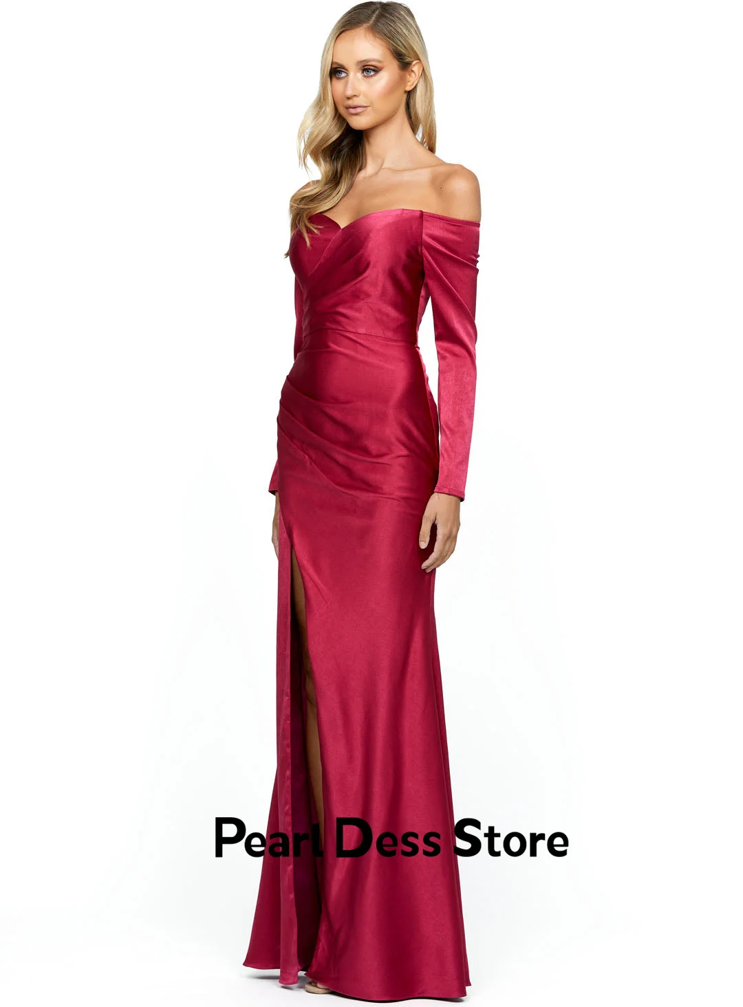 Off Shoulder Full Length Prom Dress Bungundy Elastic Satin Evening Dress Sweetheart Neck Sexy Split Floor Long Dress