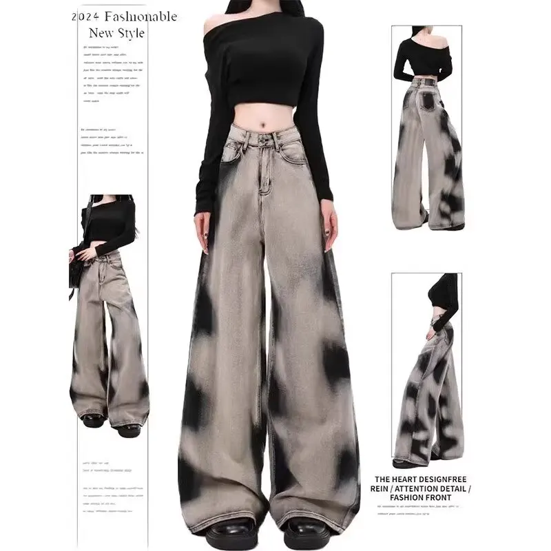 

Denim Button-Up Regular Vintage Heavy-Duty Tie-Dye Women's Loose Straight Leg Pants Long Trousers Natural Waist Wear-Resistant