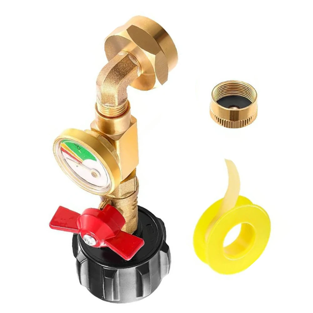 Brass Propane Refill Adapter Kit for 1 lb Tanks Includes 7 pcs Components and 3-Color Gauge for Easy Monitoring