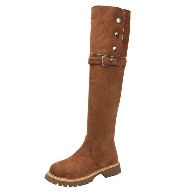 2024 New Vintage Brown Two Wear Western Boots Autumn and Winter Suede High Sleeve Boots Thick Heel Over Knee Long Boots Women