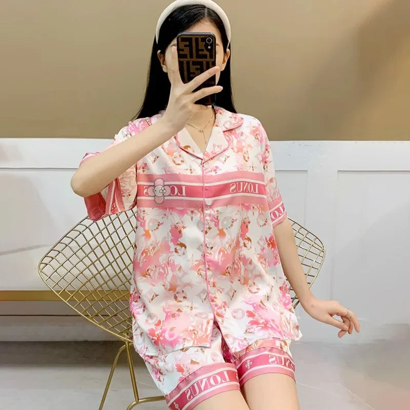 Light Luxury Alphabet Pajamas Women\'s Summer Short-sleeved Ice Silk High-end Comfortable Loungewear Set Pink Floral Silk Pajama