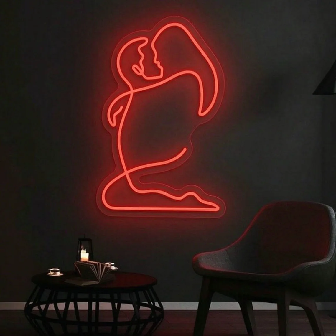 Cuddling Couple Neon Sign,Romantic Couple Silhouette Line Art,One Line Couple Neon Sign,Bedroom Bar Lounge Wall Decor