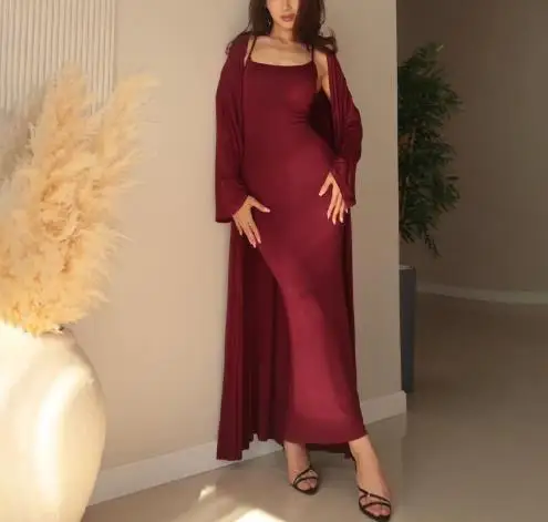 

Autumn Solid Color Loose Oversized Long Robe Jacket and Sexy Waist Cinching Tight Fitting Hip Hugging Suspender Dress Set