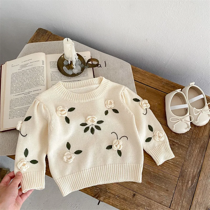 

Girls Sweater Wool Coat Kids Tops Knitting 2024 Flowers Thicken Warm Winter Autumn School Pullover Christmas Gift Children's Clo