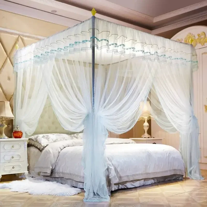 

Simple Solid Color Palace Floor Mosquito Net with Lace Encrypt Fine Mesh Indoor Bed Curtain 3-Door Breathable Bed Decoration