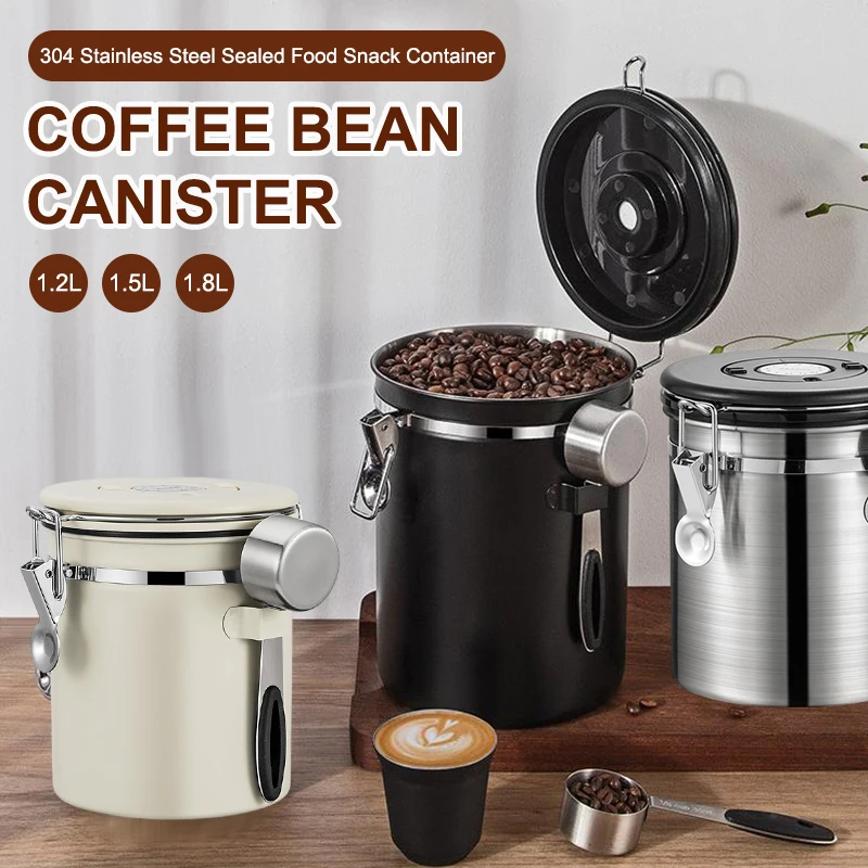 Airtight Coffee Bean Canister Stainless Steel Sealed Storage Jar with Spoon And One Way Valve for Kitchen 1.2L 1.5L 1.8L Sizes