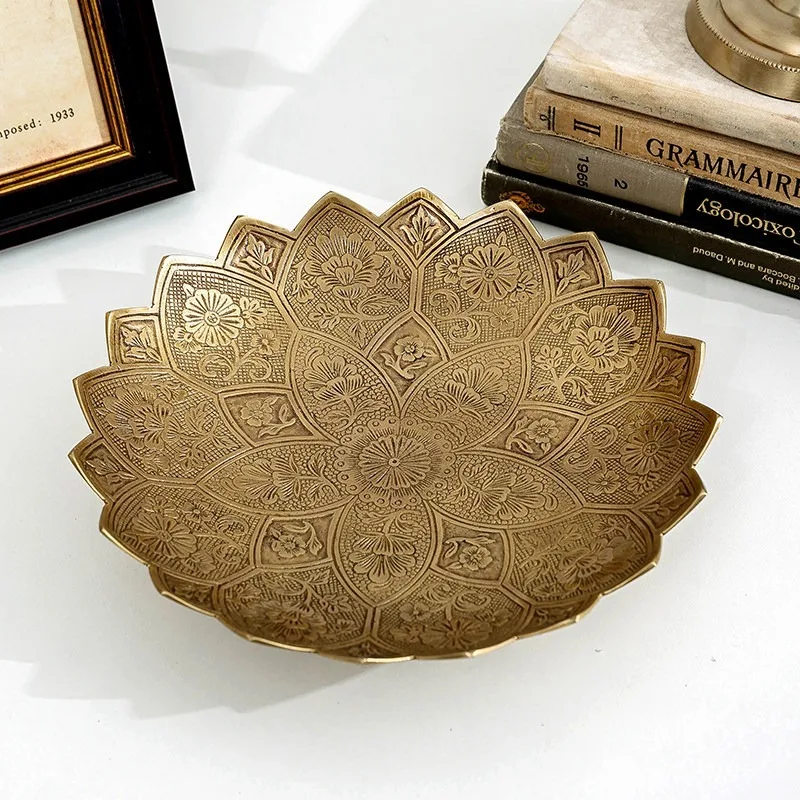 Handcrafted Brass Relief Tray, Vintage European Decorative Jewelry Key Fruit Storage Organizer, for Entryway Tabletop Desk Decor