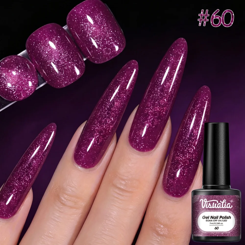 Visuatia # 60 Purple Shimmer Nail Gel 7ml, UV-LED Soak-Off Removable Phototherapy Gel. The alluring grape purple base color combined with fine silver shimmer makes the fingertips look luxurious and eye-catching, with the glitter evenly distributed and not prone to settling. After curing, the mirror-like shine is outstanding, perfect for creating a party or banquet atmosphere in nail art, suitable for both home DIY and nail salons.
