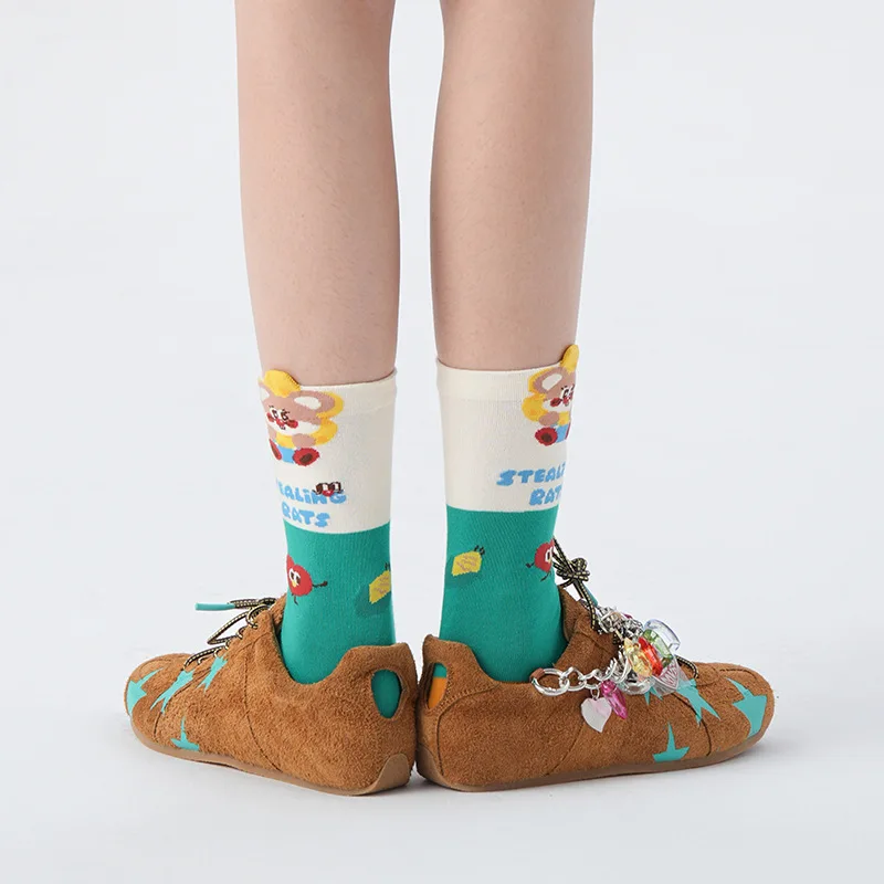 Personality bud rice chipmunk rat female fashion raised mouth draw a strip autumn and winter socks