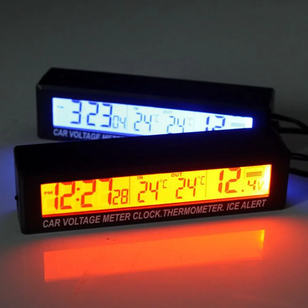 Zegar LCD zapalony Woltomierz samochodowy Termometr Napięcie akumulatora Temperatury Monitor 12V/24V