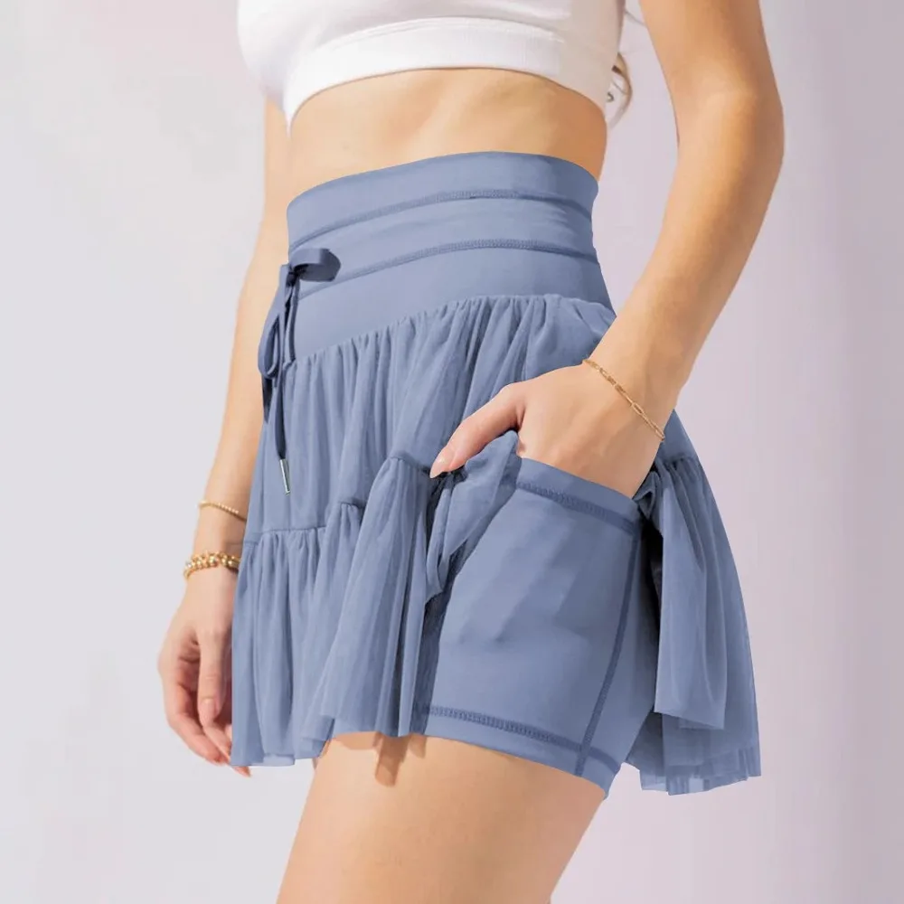 Yoga Half Body Pantskirt Safety Pants Spicy Girl High Waisted Lace Up Pleated Sports Skirt A Short Skirt Women's Clothing Summer