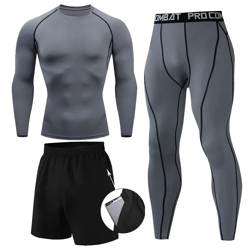 Set da uomo 2/3 pezzi Tuta da boxe rashguard kit maschile MMA abbigliamento a compressione uomo t-shirt a maniche lunghe + leggings tuta sportiva