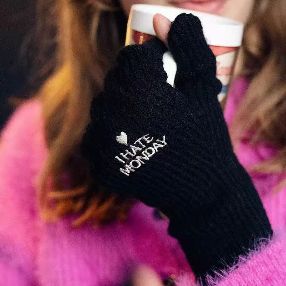 Winter Knitted Wool Gloves Korean Brand Letter Embroidery Warm Touchable Screen Full Fingers Gloves Women Cycling Mittens