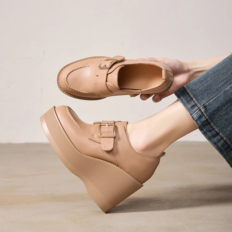 EAGSITY Cow Leather wedge shoes women high heel casual fashion ladies high heel shoes pumps party