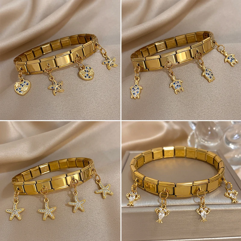 צמיד קאף מפלדת אל-חלד עם תליון צב כוכב הים משובץ בזירקון מרהיב לנשים תכשיטים מתכווננים חדשים