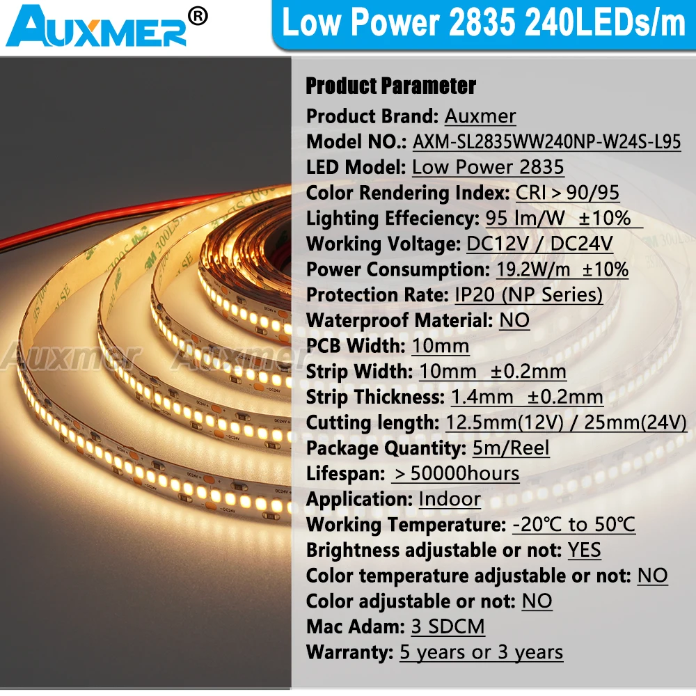 Low Power 2835 LED Strip Lights,240LEDs/m,CRI95 CRI90,IP20,19.2W/m,PCB Wide 10mm,Single Row,1200LEDs/Reel LED Lights DC24V