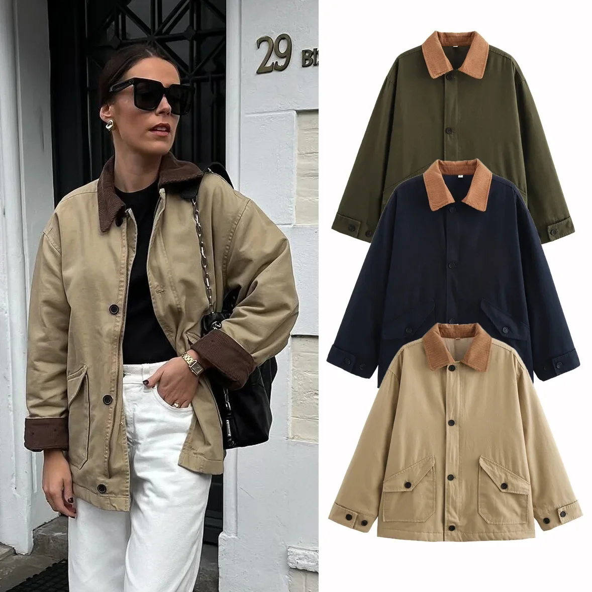 

New Casual Retro Style Long Sleeve Warm Cotton Jacket Women's Patchwork Bump Colour Design Single Breasted Lapel Jacket