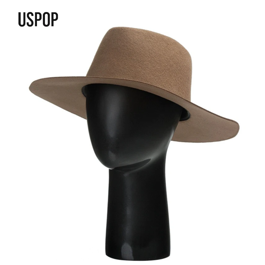 USPOP Minimalist Wide Brim Wool Fedora Hat for Autumn Winter Unisex 57cm Adjustable Plain Felt Jazz Hat for Outdoor Styling