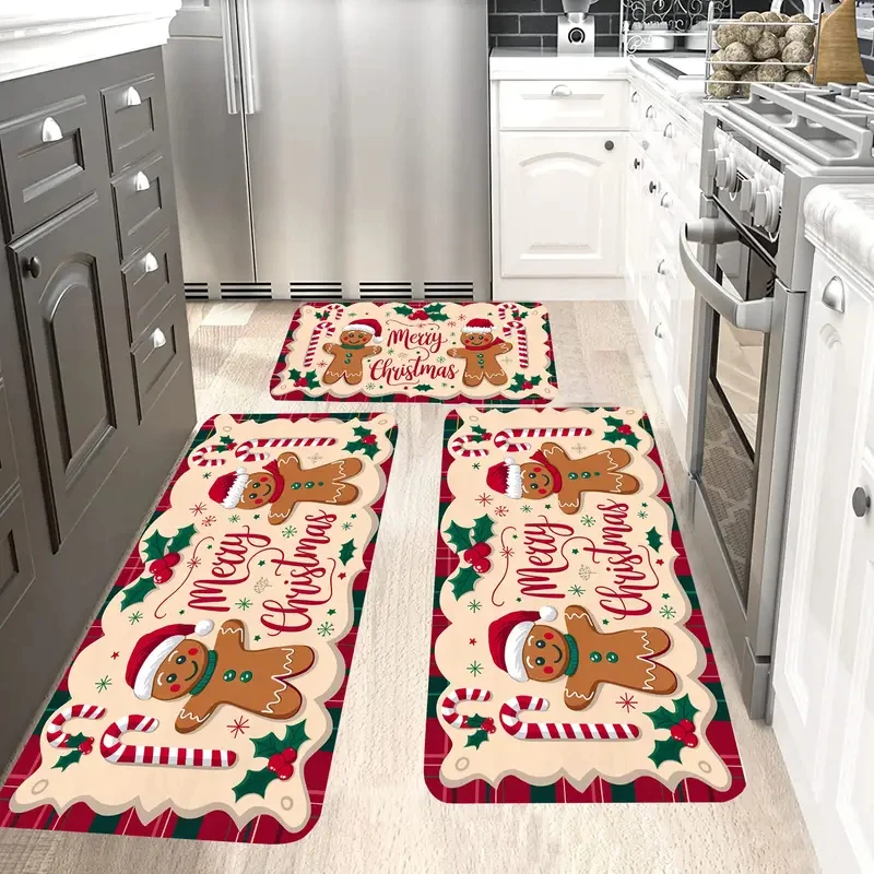 

VIKAMA Cartoon Gingerbread Man Rug Soft and Slip-resistant Kitchen Floor Mat Entry Door Mat Merry Christmas Home Decoration
