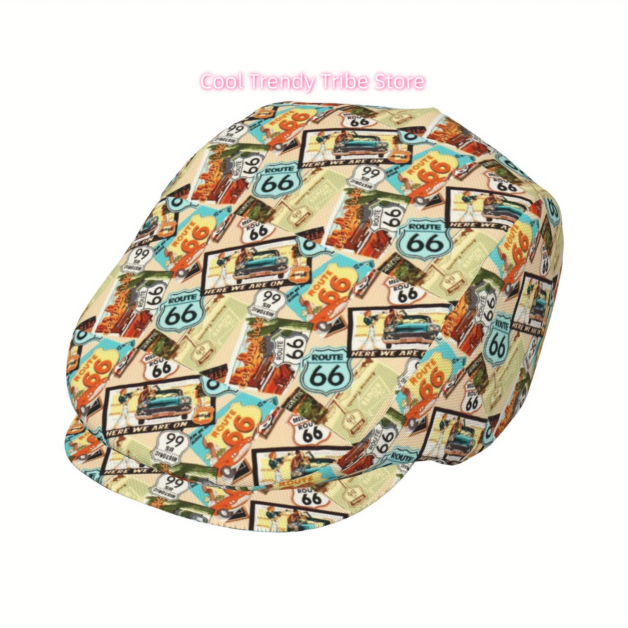 1pc Route 66 Vintage  SignsAmericana Full-face Printed Beret British Casual Hat Unisex  Forward Hat  and Versatile for Casual an