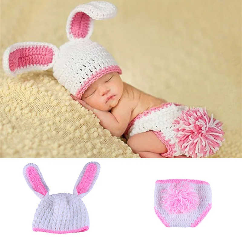 Handmade Crochet Newborn Baby Girls Photography Clothing Little White Bunny Rabbit Costume Design 0-3 Months