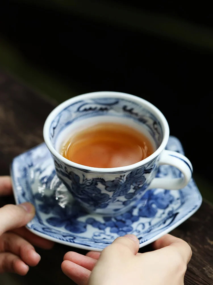 Ceramic Tea Cup + Saucer Set Made In Japan Ins Popular Home Teaware Afternoon Tea Drinkware Blue And White Grape Under Glazed