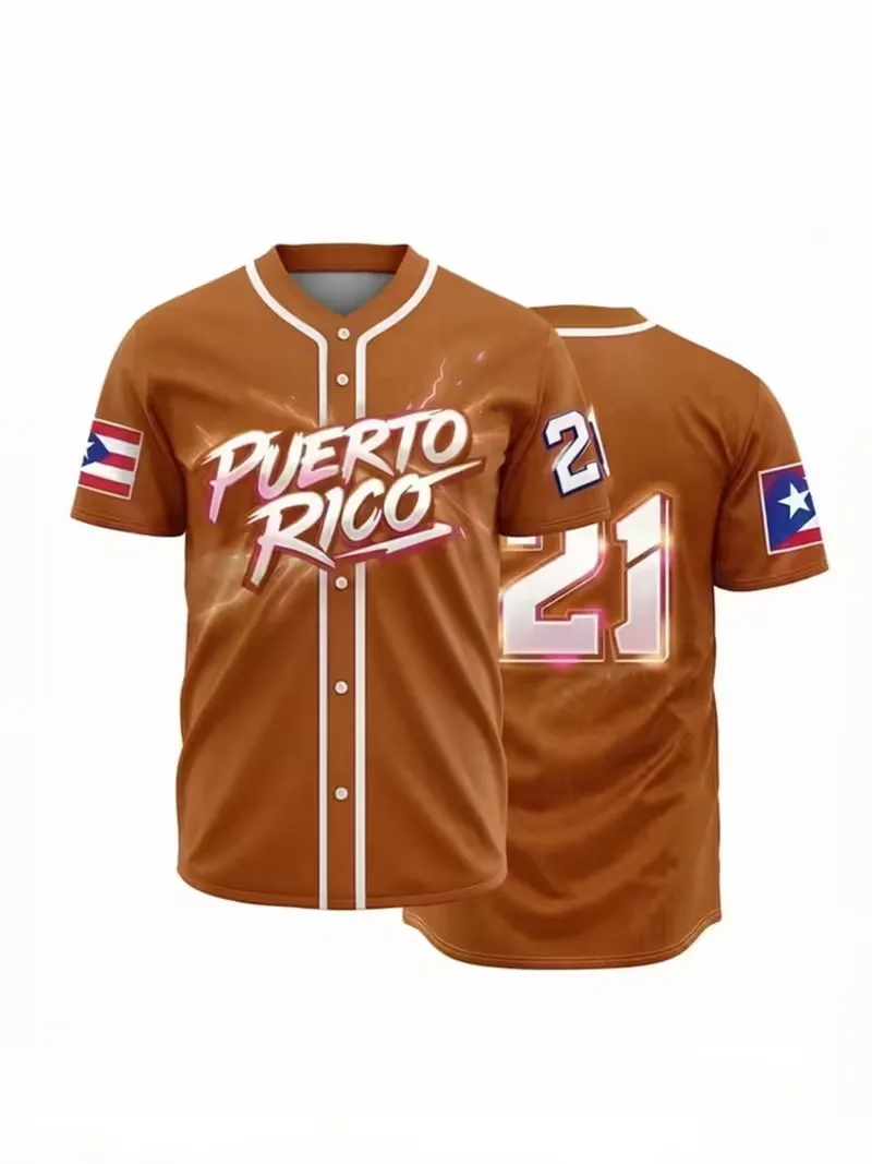 Puerto Rico Baseball Jersey Men short sleeve Button Down Shirts Puerto Rico Flag Patch Sports Uniform Quick Dry Streetwear Tee