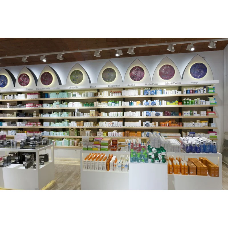 custom.Floor Standing Solid Wood Cosmetic Display Stand Skin Care Products Wall Shelving Display Cabinet with Storage