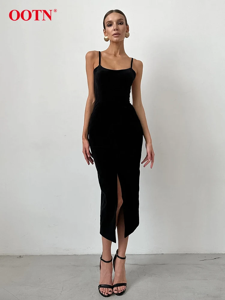 OOTN Elegant Backless Black Dress Women Summer Spaghetti Strap Elastic Sexy Slit Dressess Fashion Solid Slim Party Long Dresses