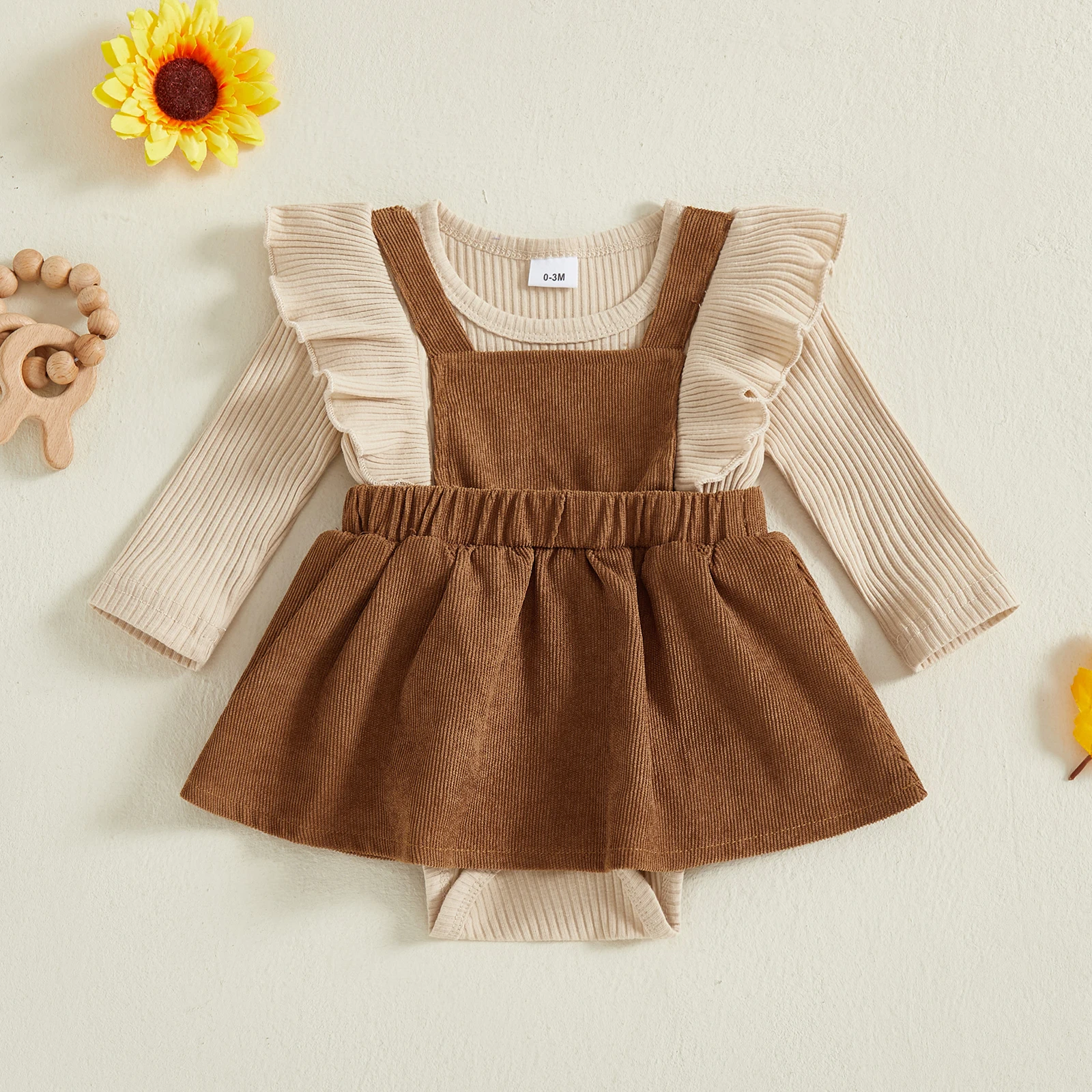 

Baby Girl Romper Long Sleeve Round Neck Suspender Patchwork Bodysuit Fall Outfit for 0-18 Months