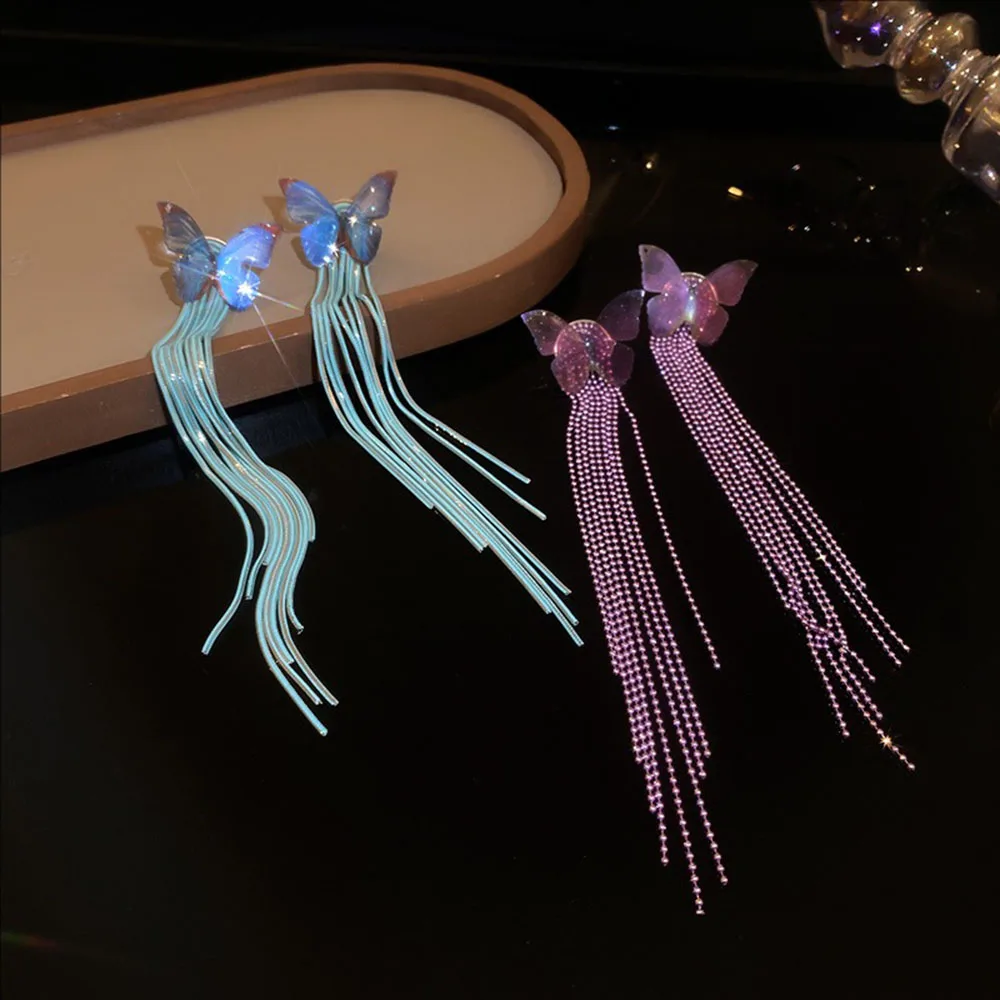 

Silvery Needle Butterfly Long Tassel Earrings Fashionable Exaggerated Design Studs Elegant Jewelry For Women Girls