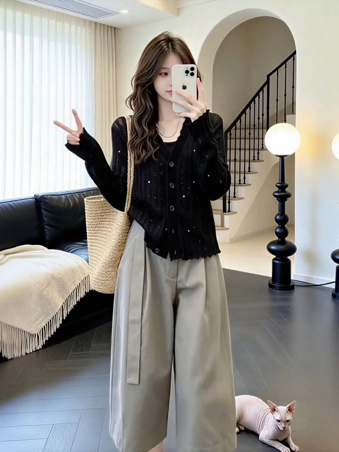 

Summer Casual Loose Fit Knitted Long Sleeve Open Cardigan And Wide Leg Pants Seven Tenths Length Set for plus Size Women