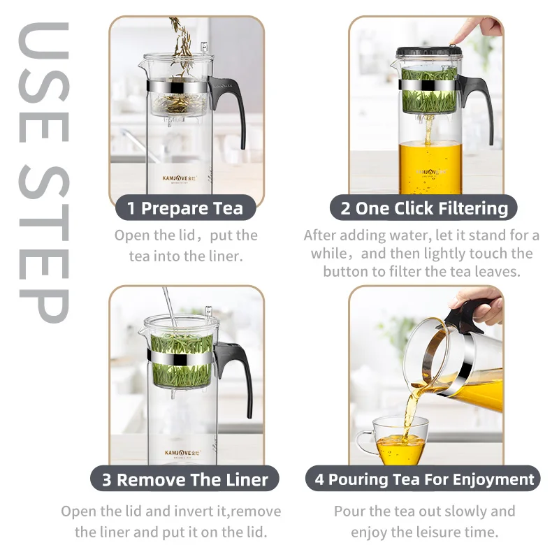 KAMJOVE Transparent Heat-Resistant Borosilicate Glass Teapot With Strainer 500ml Filter Tea Kettle with Press Button TP-160