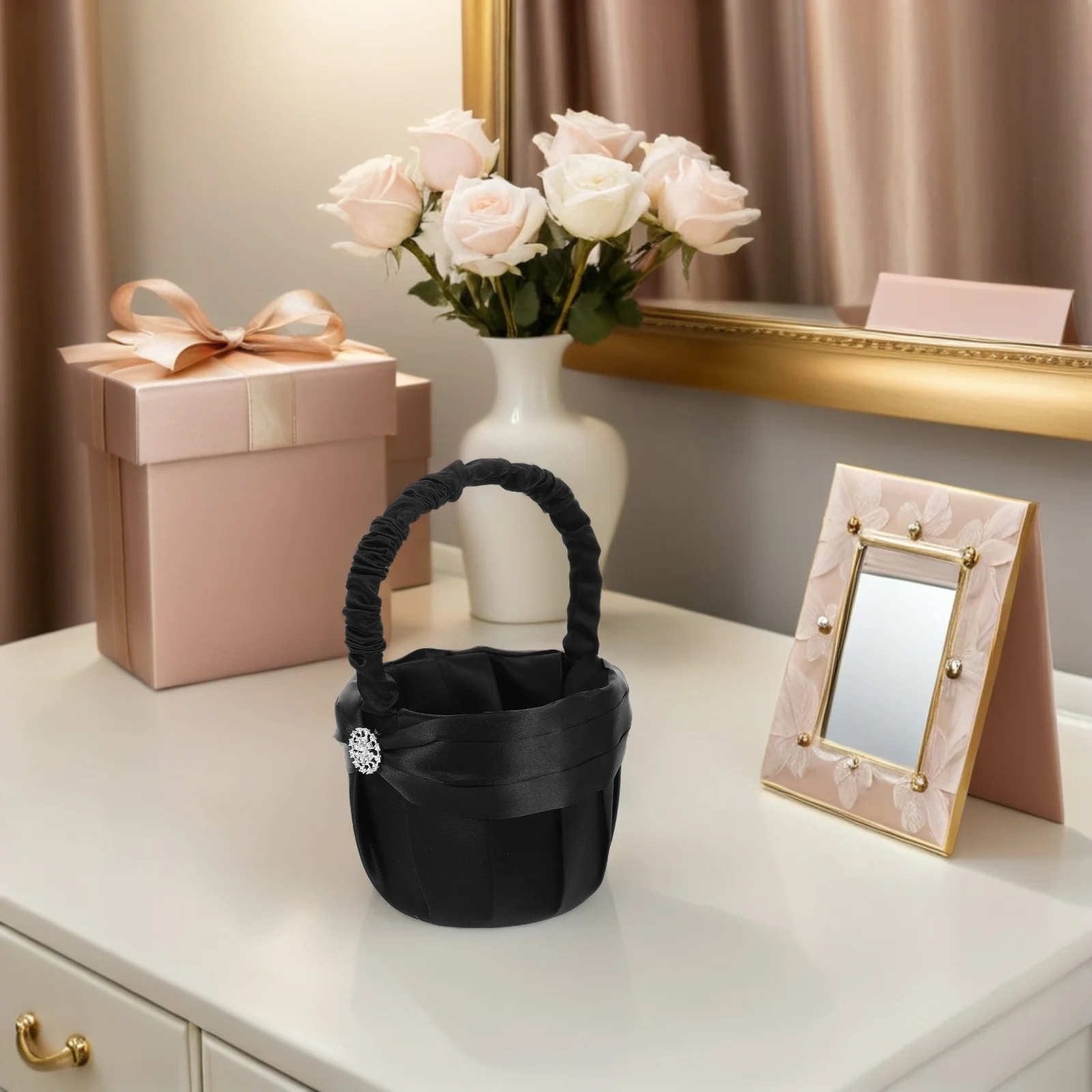 

2Pcs Elegant Wedding Flower Basket with Handle Rhinestone Design for Bridal Party Rustic Modern Ceremony Petal Scattering