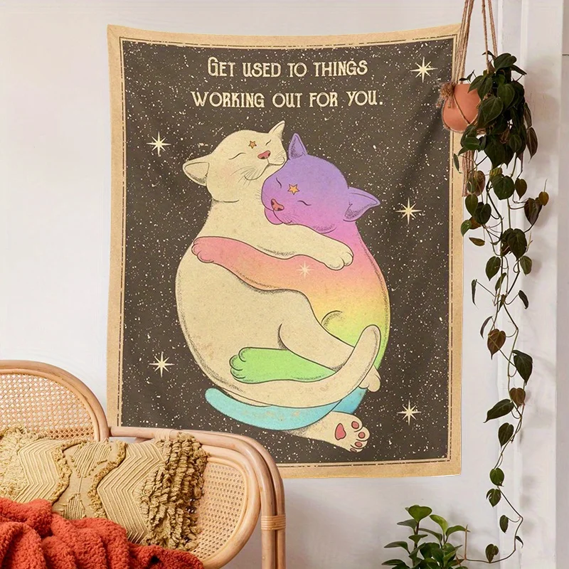 Cat Hug Tapestry - 'Get Used to Things Working Out for You', Rainbow Cat & Stars, Inspirational Wall Art, Bedroom Decor,
